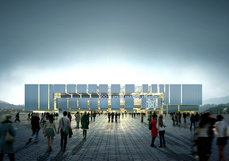 在江陵速滑體育場和體育中心是一家集設計由Samoo建筑師和工程師。在一個部分的中心是為了協調與自然，另一方面象征著冬季奧運會的精神。它坐落在江陵，韓國一個網站，就曾被用于垃圾處理，但現在長滿松樹豐富的一塊土地。設計背后的想法是利用自然，舞臺，廣場為“三層”生產布局，將溝通，協調與周圍的環境。